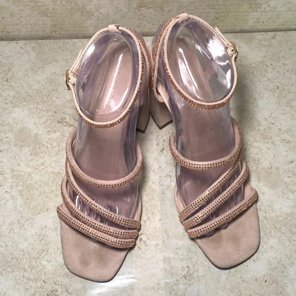 Strappy‎ Nude Rhinestone Sandals With Block Heels Prom Wedding Party - Picture 3 of 9